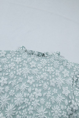 Iceland Blue Floral Textured Jacquard Puff Sleeve Blouse