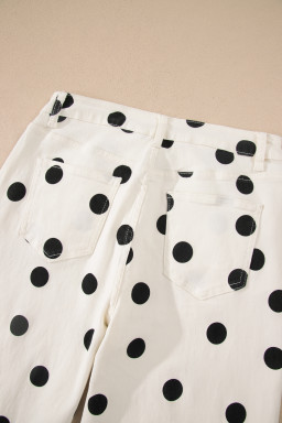 White Polka Dot Print Wide Leg Ankle-Length Jeans