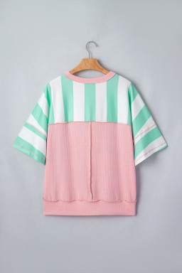 Green Stripe Exposed Seam Ribbed Patchwork Oversized Tee