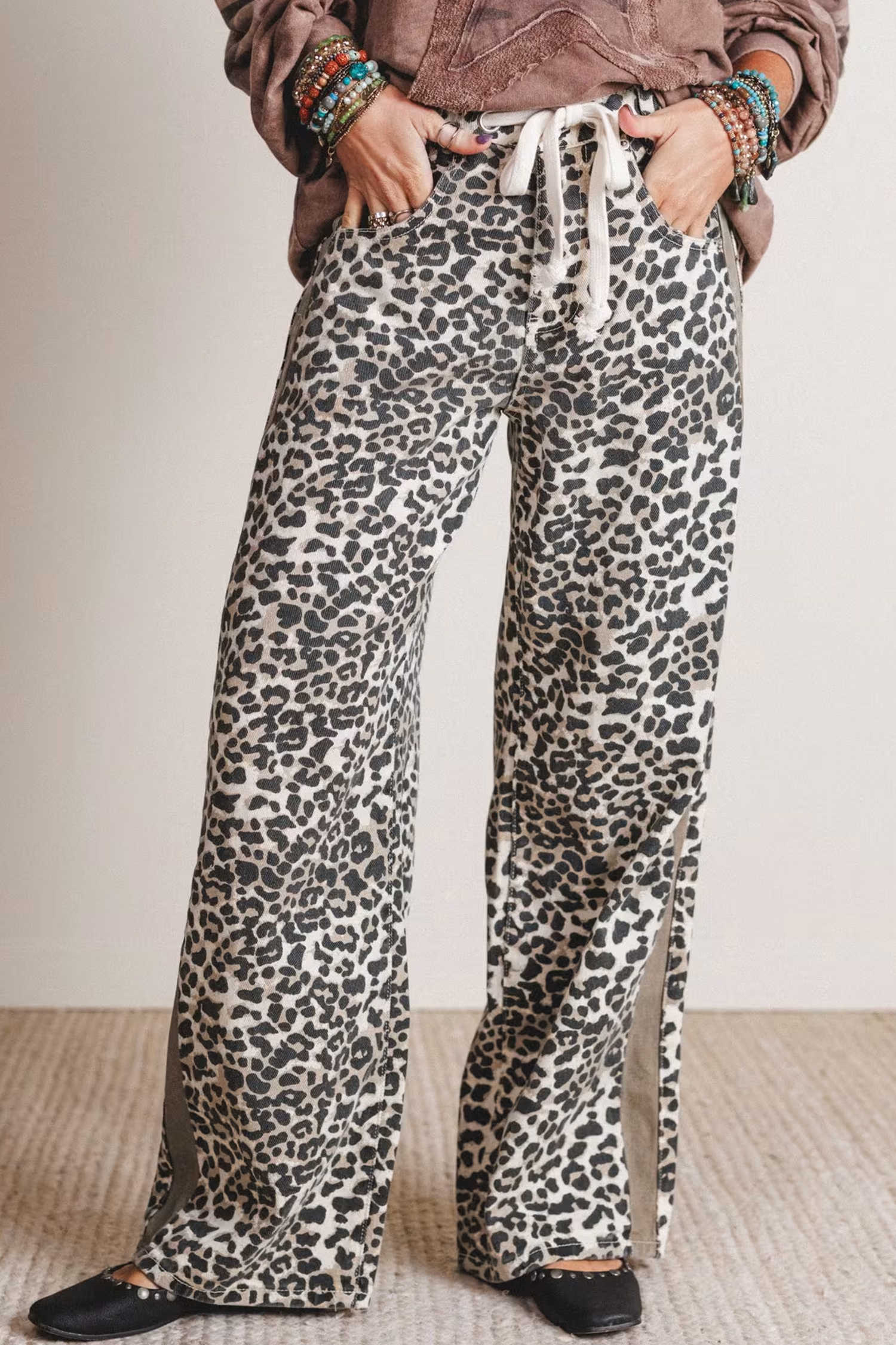 Khaki High Waist Leopard Print Straight Leg Casual Pants Full Length Daily Wear