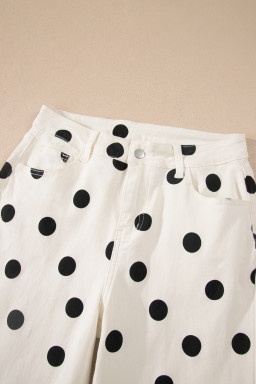 White Polka Dot Print Wide Leg Ankle-Length Jeans
