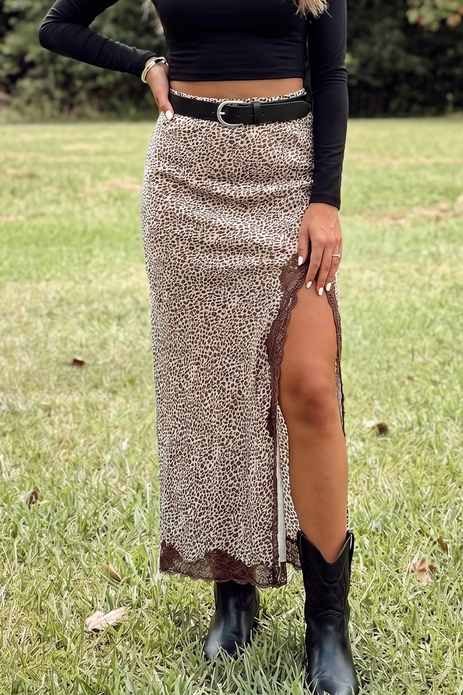 Brown Cheetah Ruched High Waist Lace Splicing Slit Skirt