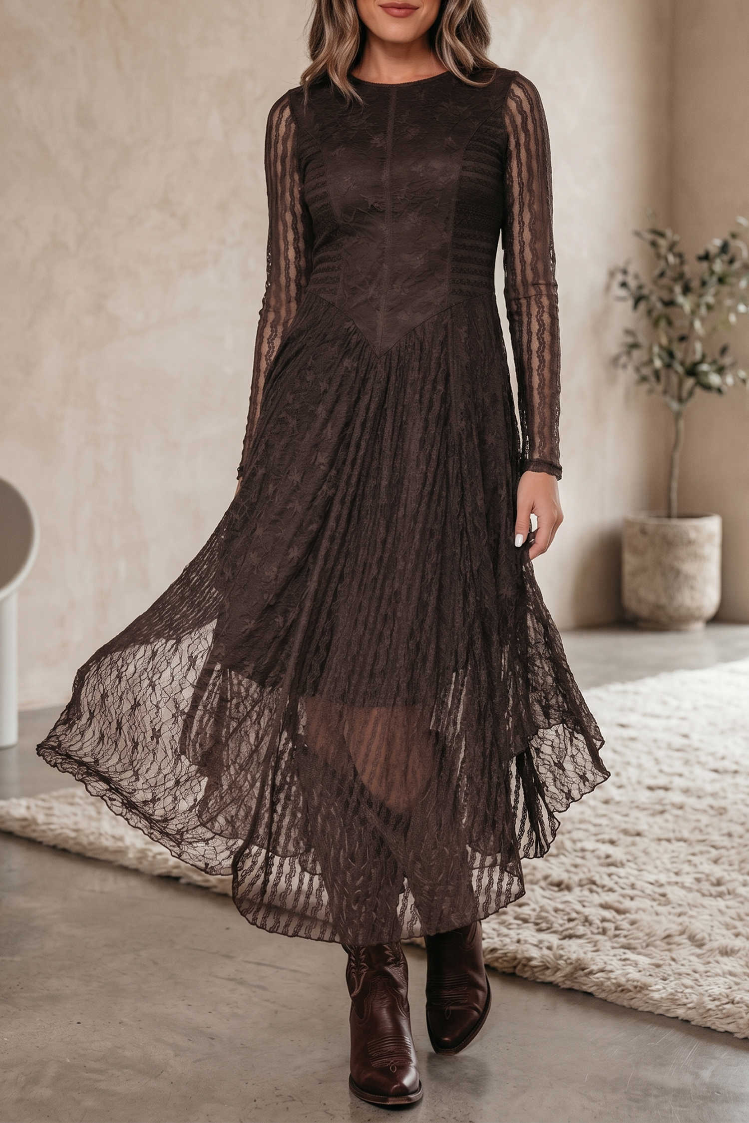 Dark Brown Lace Story Long Sleeve Midi Dress