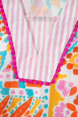 Rose Plus Size Geometric Print Contrast Trim Striped V Neck Blouse