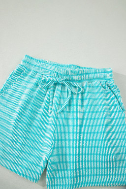 Sky Blue Stripe Raised Rib Loose Tee Drawstring Elastic Waist 2pcs Short Set