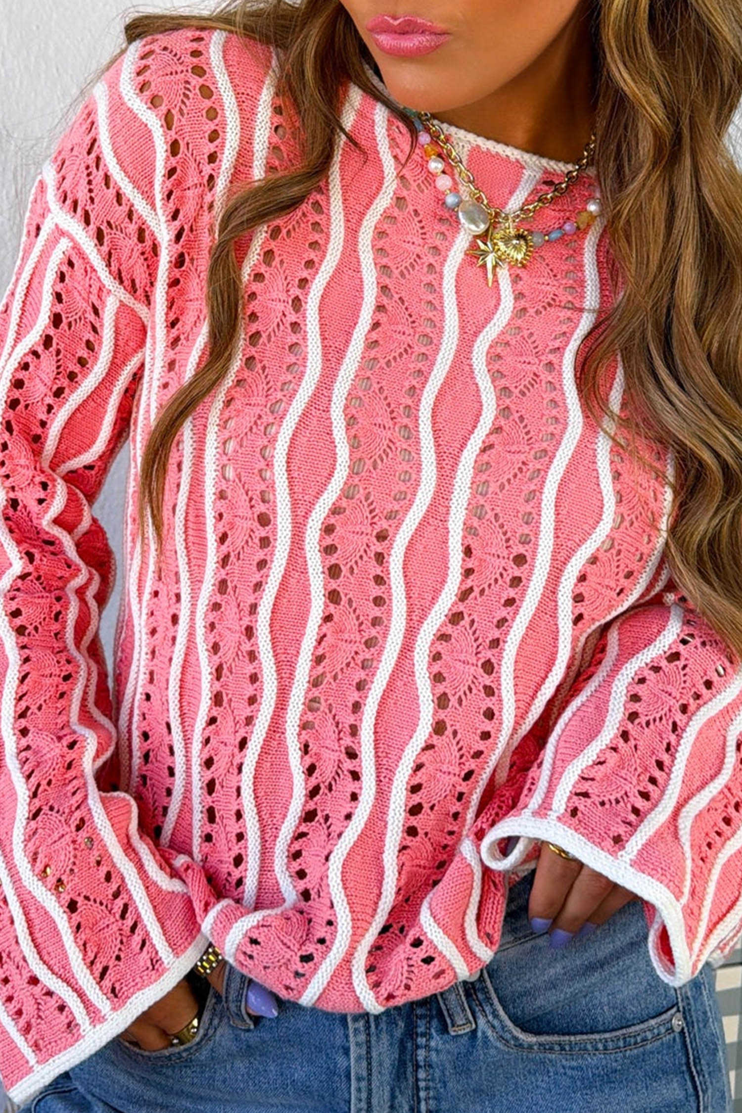 Pink Casual Loose Fit Long Sleeve Round Neck Knit Sweater Pullover