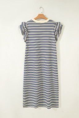 Blue Stripe Plus Size Contrast Trim Button V Neck Ruffle Sleeve Shift Dress