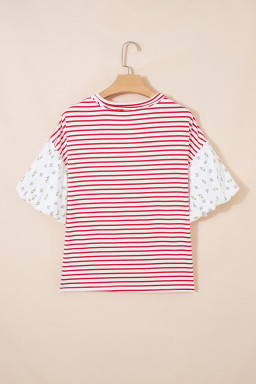 Red Stripe Floral Puff Sleeve Patchwork Round Neck Loose Top