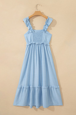 Beau Blue Solid Color Ruffle Trim High Waist Sleeveless Maxi Dress