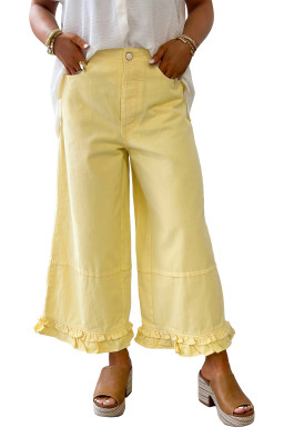 Yellow Solid Color Ruffled Hem Ankle Length Wide Leg Jeans
