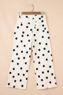 White Polka Dot Print Wide Leg Ankle-Length Jeans