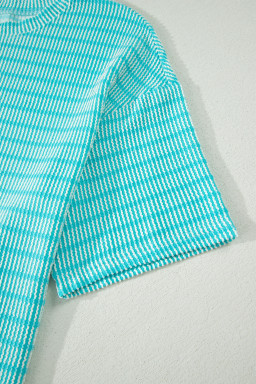 Sky Blue Stripe Raised Rib Loose Tee Drawstring Elastic Waist 2pcs Short Set