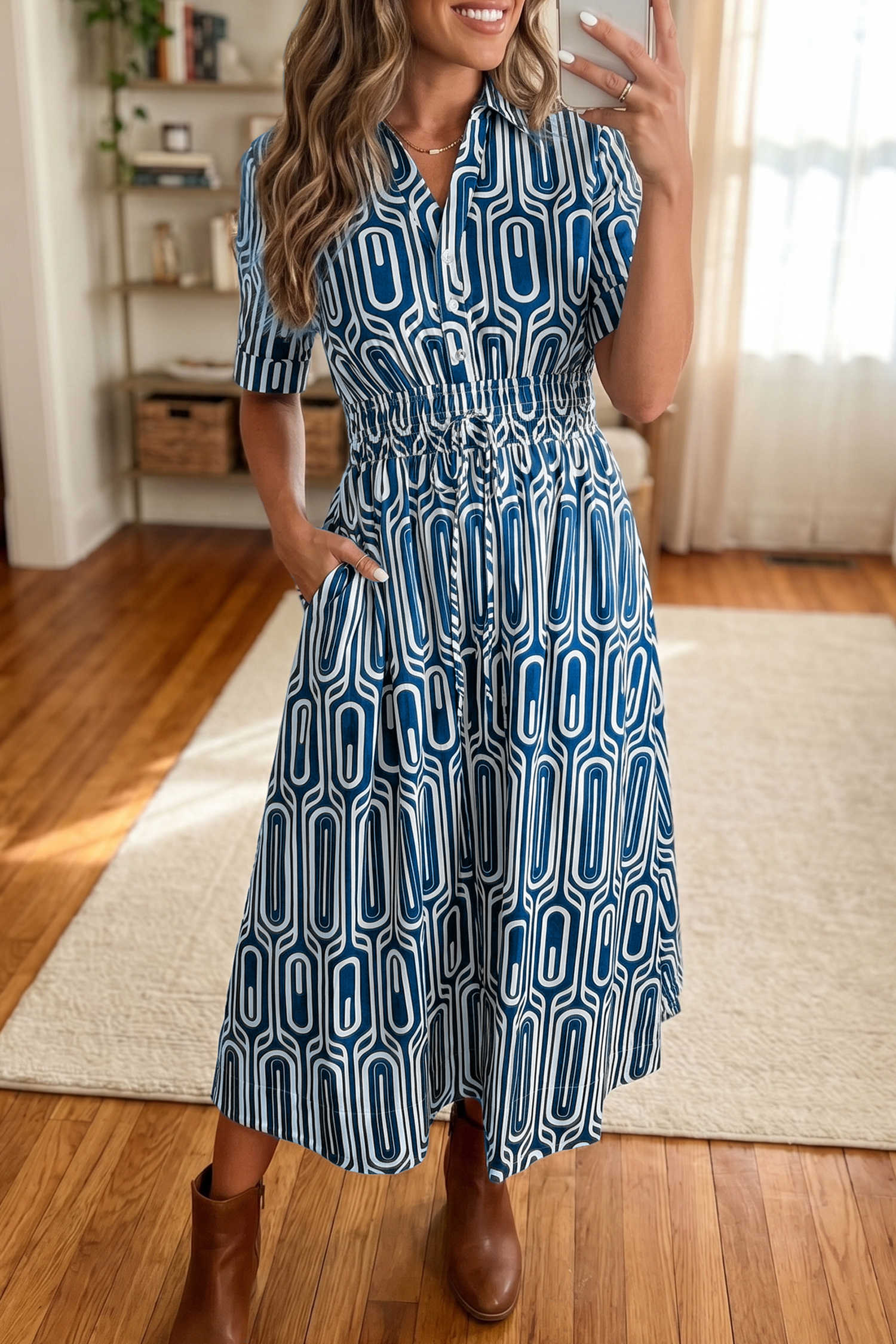 Blue Geometric Print High-Waist Drawstring Collar Short Sleeve Shift Dress