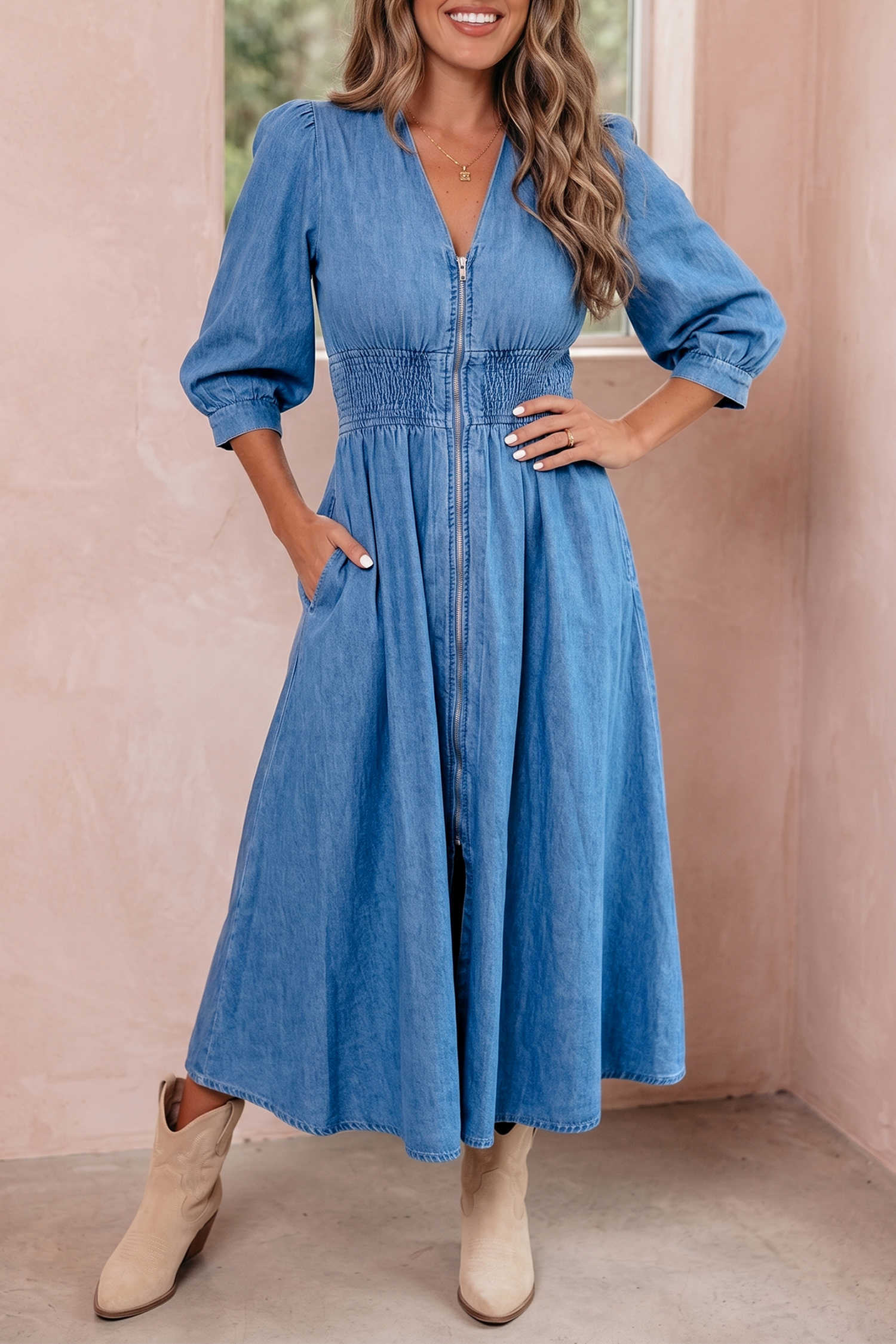 Blue Shirred Waist Midi Dress Zip Front Puff Sleeve Casual Shift Denim Dress