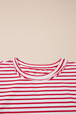 Red Stripe Floral Puff Sleeve Patchwork Round Neck Loose Top