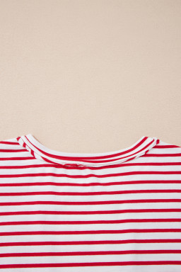 Red Stripe Floral Puff Sleeve Patchwork Round Neck Loose Top