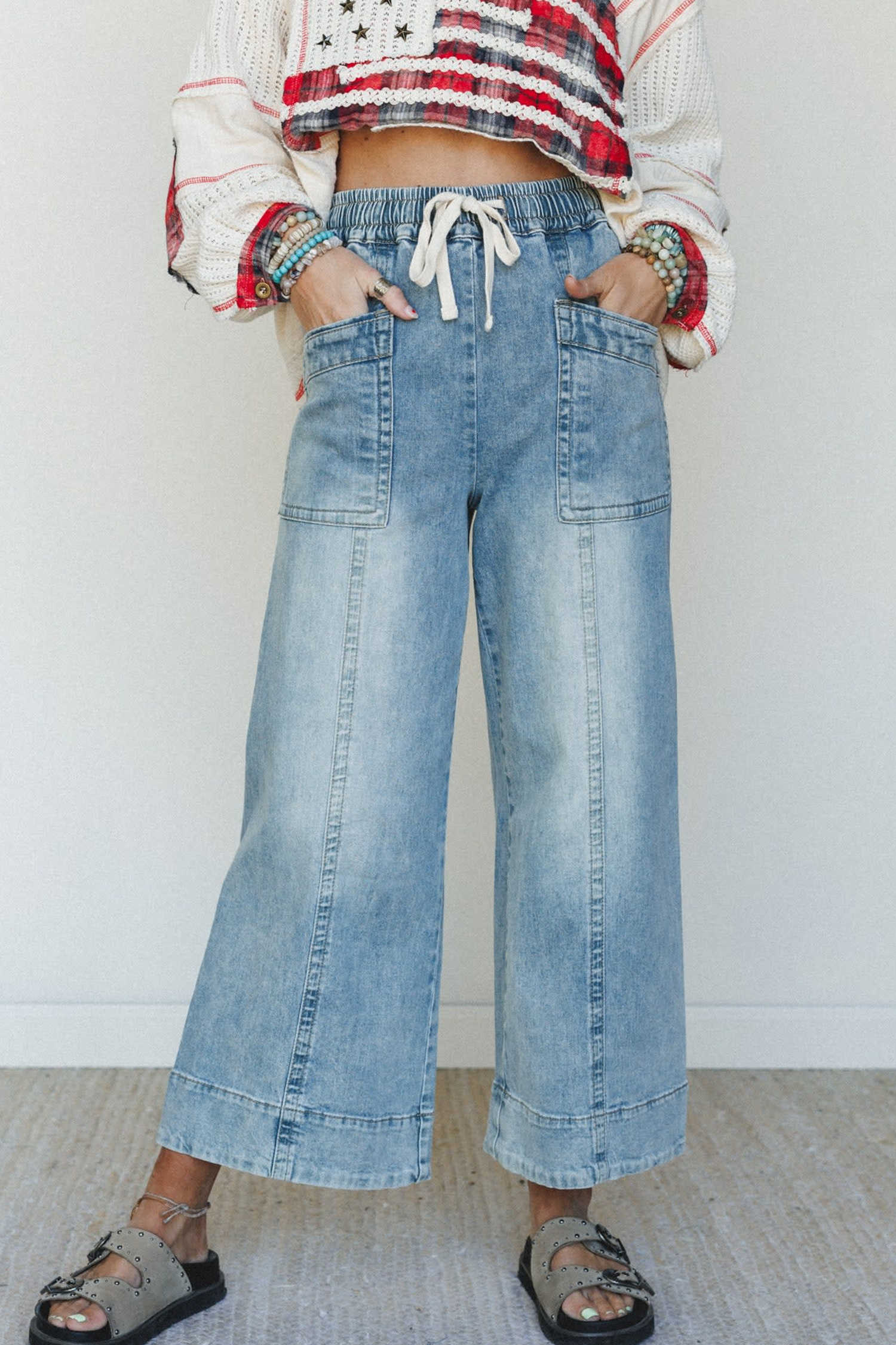 Beau Blue High Waist Wide Leg Denim Pants Pocket Detail Ankle Length Casual Style Jeans