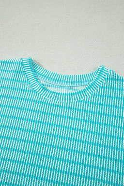 Sky Blue Stripe Raised Rib Loose Tee Drawstring Elastic Waist 2pcs Short Set