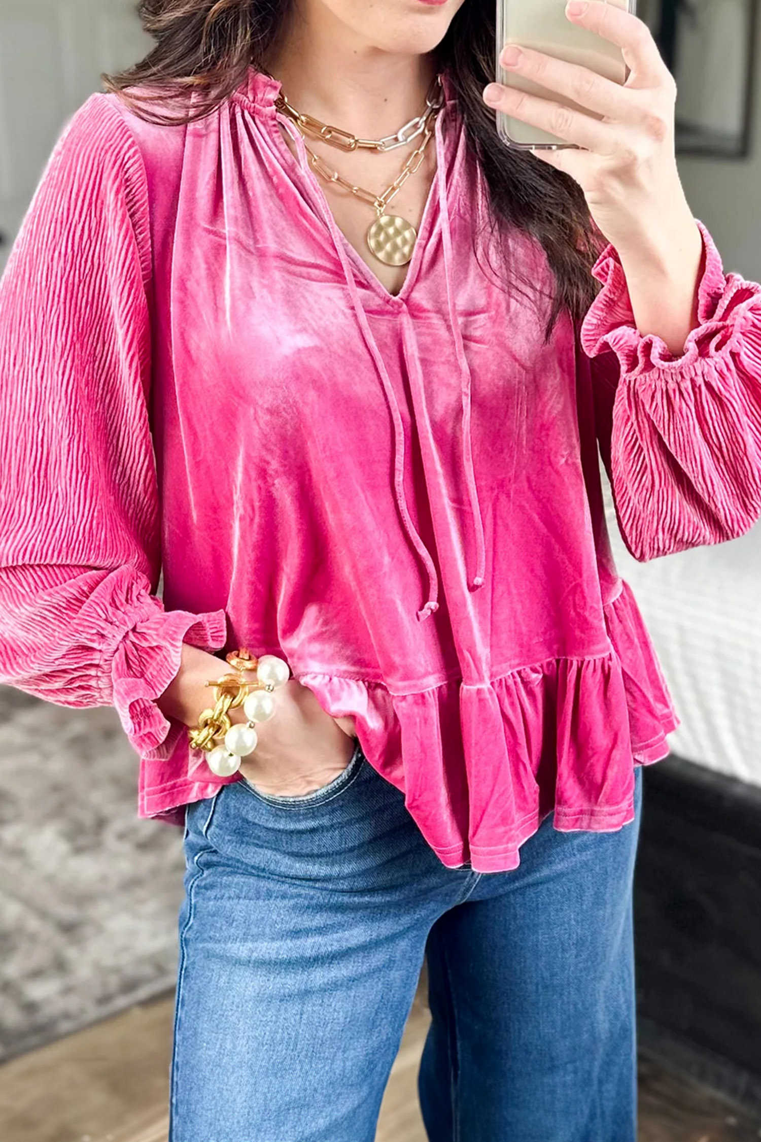 Strawberry Pink Long Sleeve V Neck Velvet Tunic Top with Ruffled Cuffs and Hem Shift Silhouette Pullover