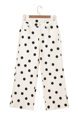 White Polka Dot Print Wide Leg Ankle-Length Jeans
