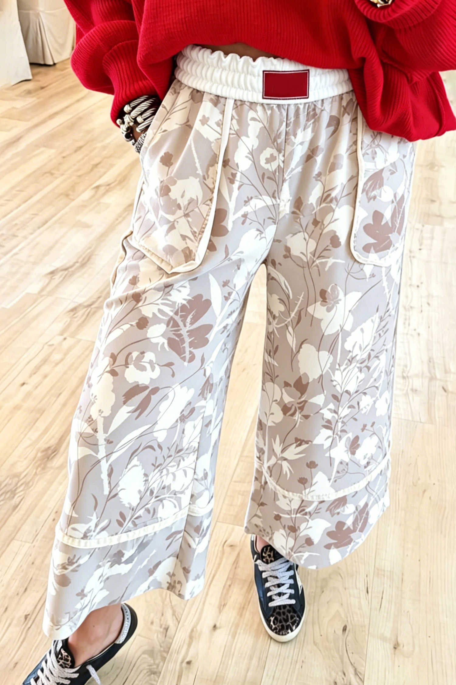 Gray Floral Print Contrast Trim Elastic Waist Loose Pants
