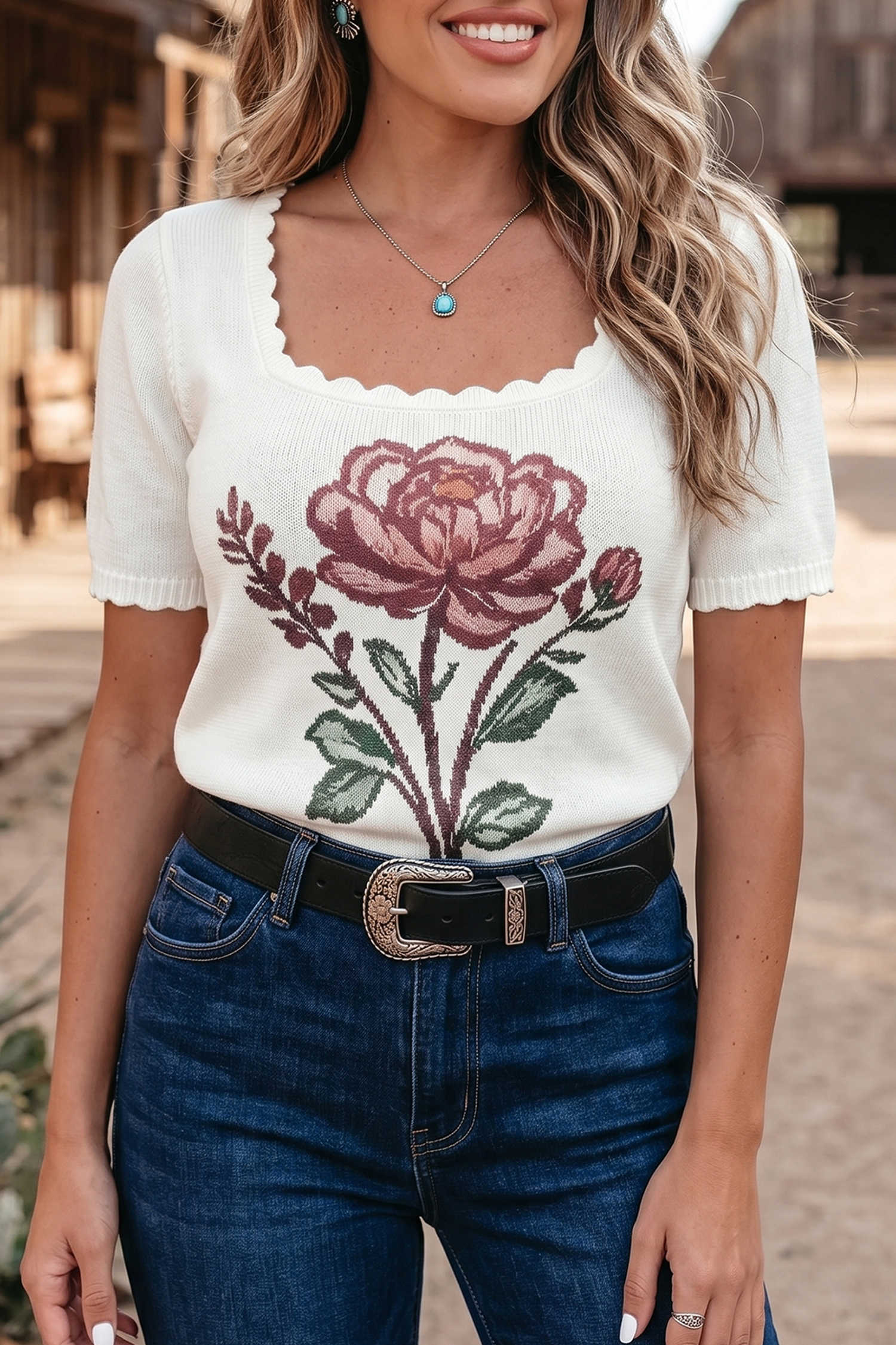 White Western Floral Square Collar Short Sleeve Knit T-Shirt
