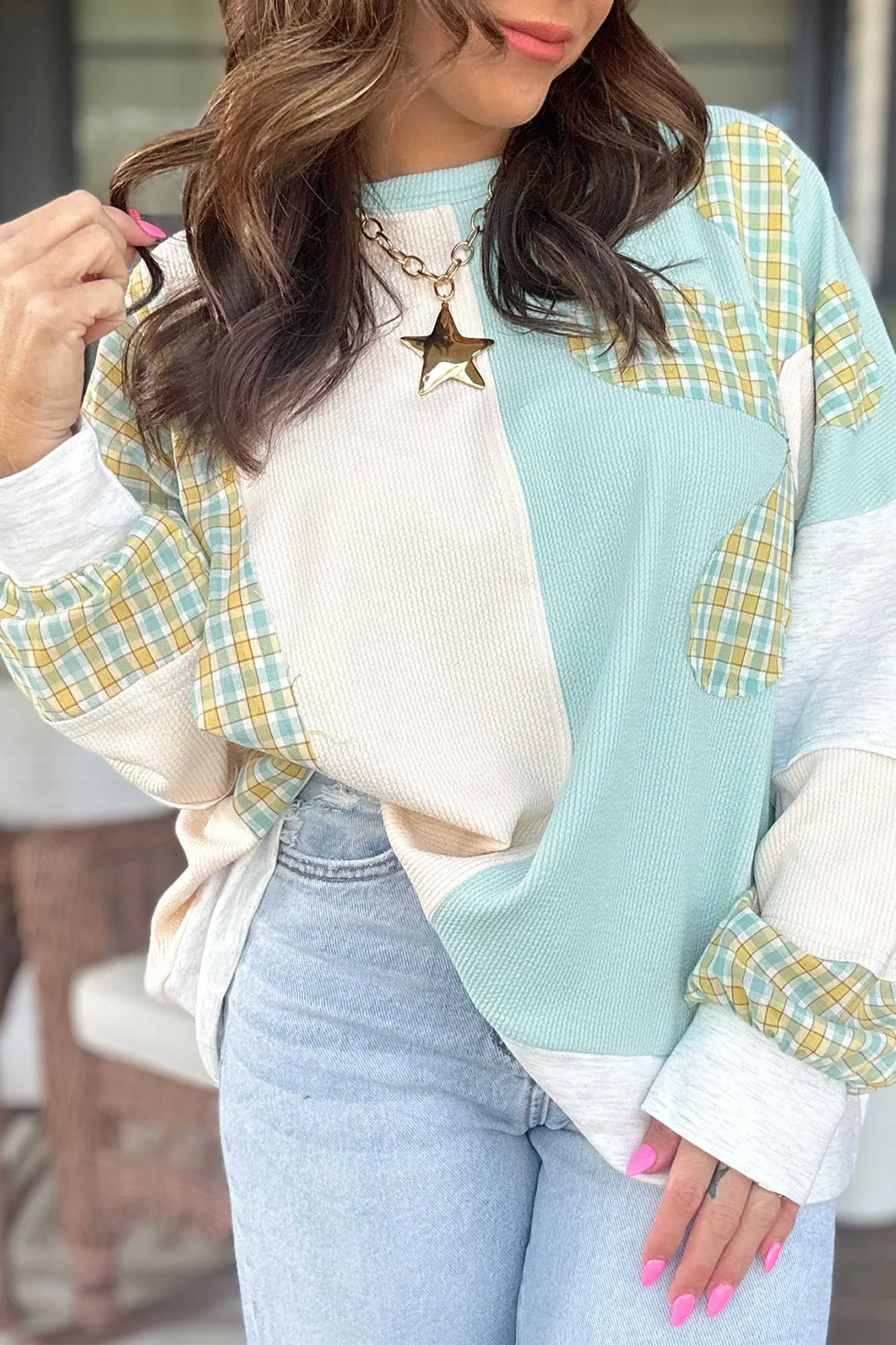 Light Blue Colorblock Plaid Patchwork Long Sleeve Pullover Sweatshirt