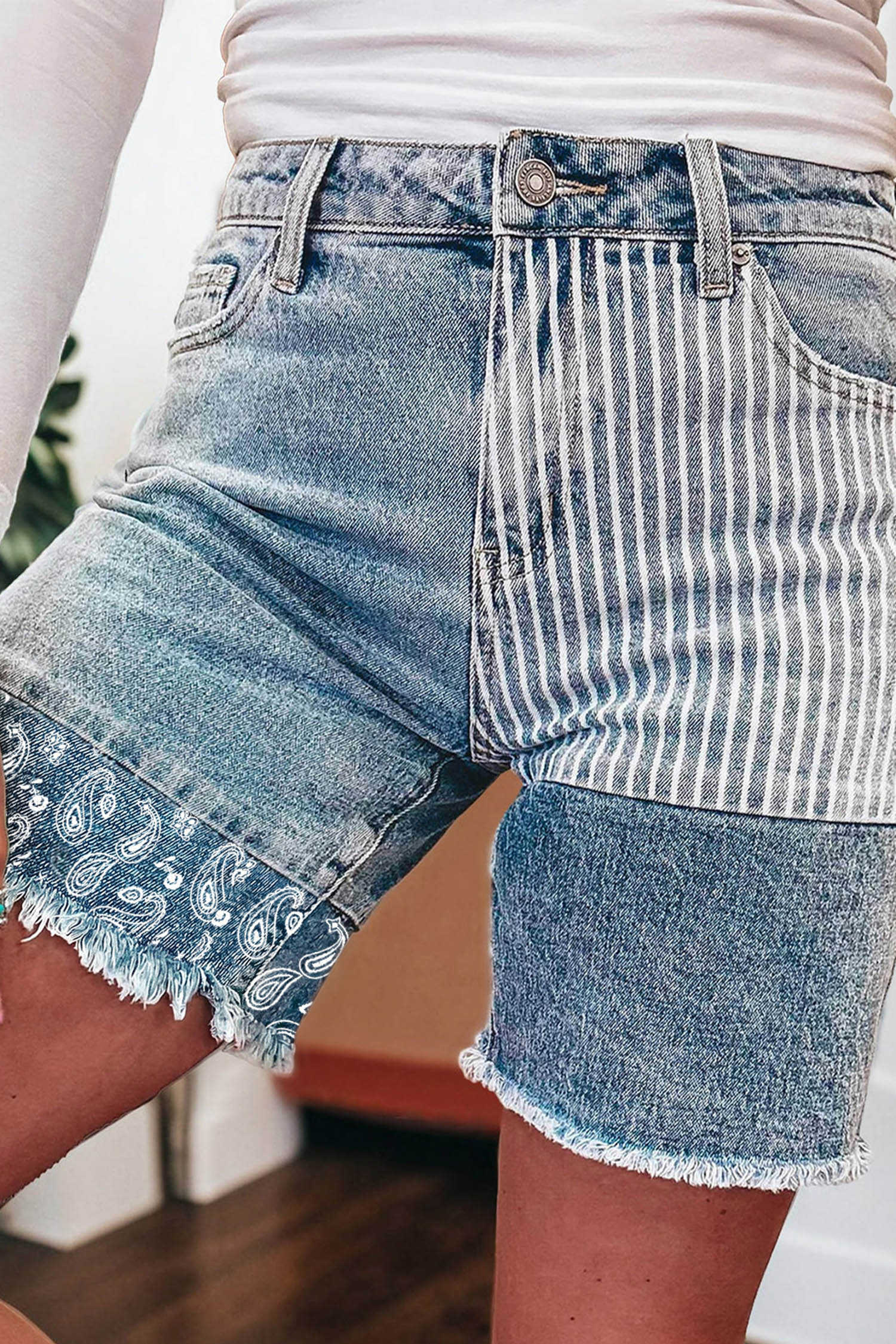 Sky Blue Striped Paisley Mixed Patchwork Raw Hem Denim Shorts