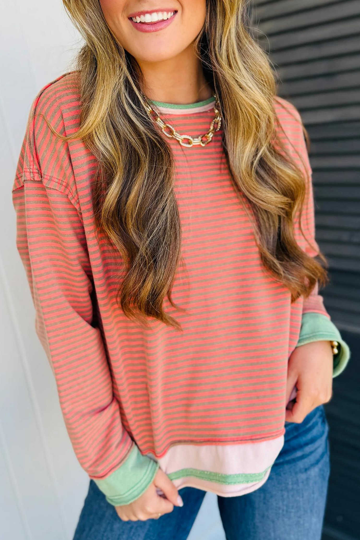 Orange Stripe Striped Tunic Top with Colorblock Cuffs and Round Neck