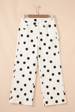 White Polka Dot Print Wide Leg Ankle-Length Jeans