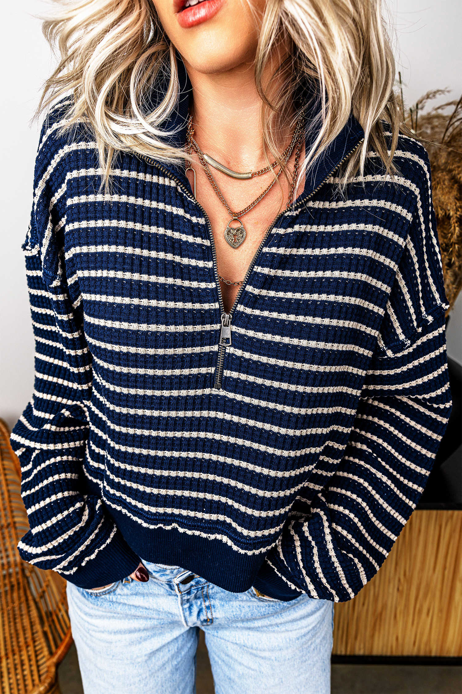 Blue Stripe Striped Zip-Up Pullover Long Sleeve Collar Casual Fit
