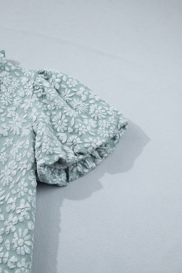 Iceland Blue Floral Textured Jacquard Puff Sleeve Blouse