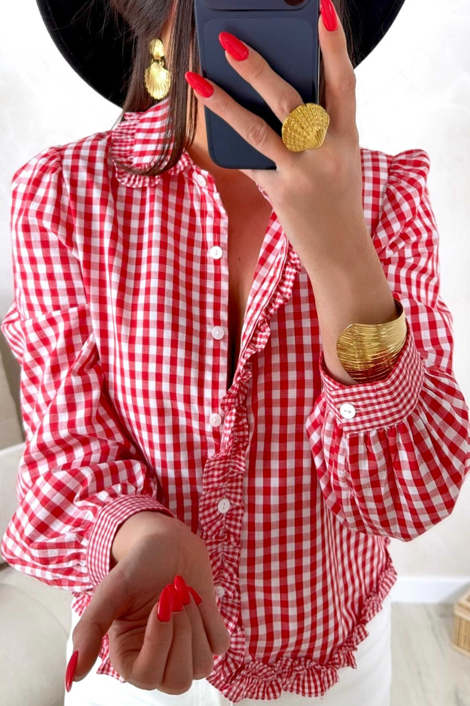 Red Plaid Frill Collar Long Sleeve Casual Shift Shirt