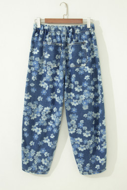 Sky Blue Dainty Floral Printed Drawstring Barrel Jeans