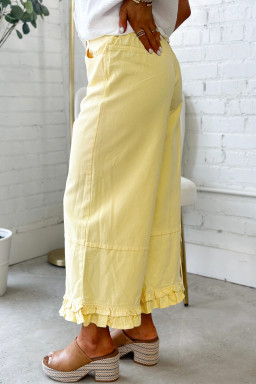 Yellow Solid Color Ruffled Hem Ankle Length Wide Leg Jeans