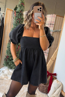 Black Denim Square Neck Smocked Short Puff Sleeve Flared Romper
