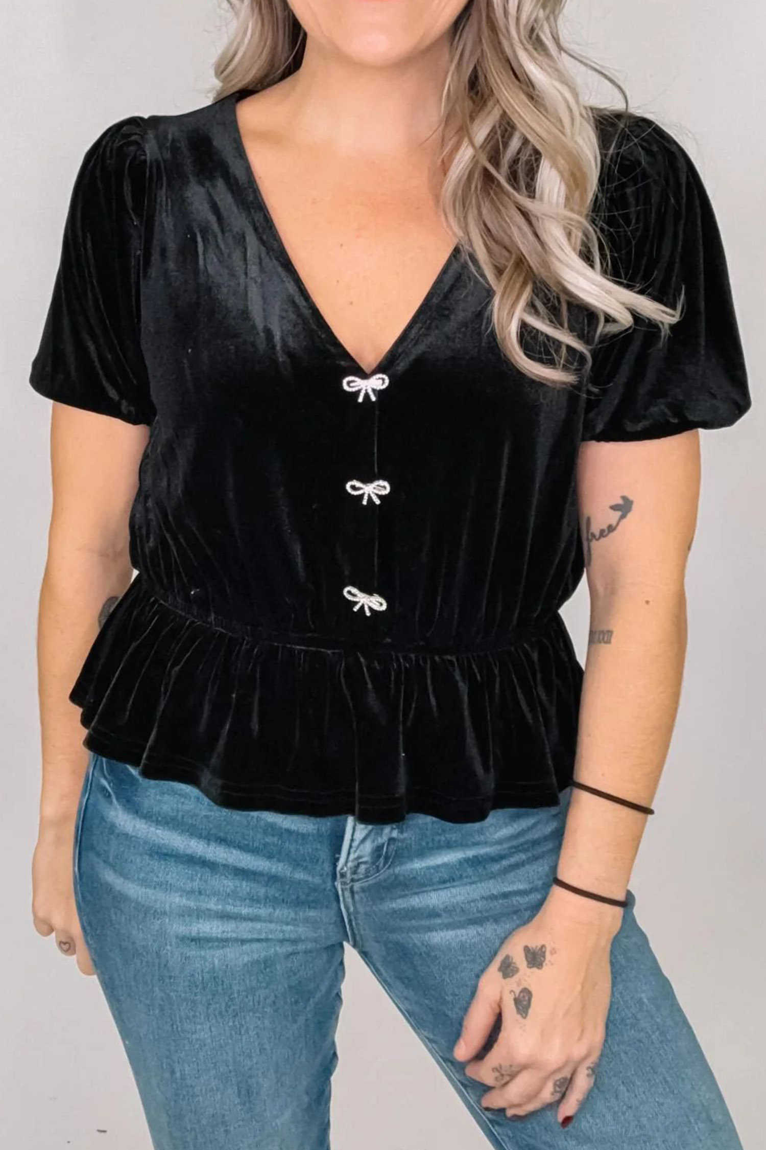 Black Velvet V Neck Short Sleeve Peplum Top with Bow Details Casual Shift Silhouette