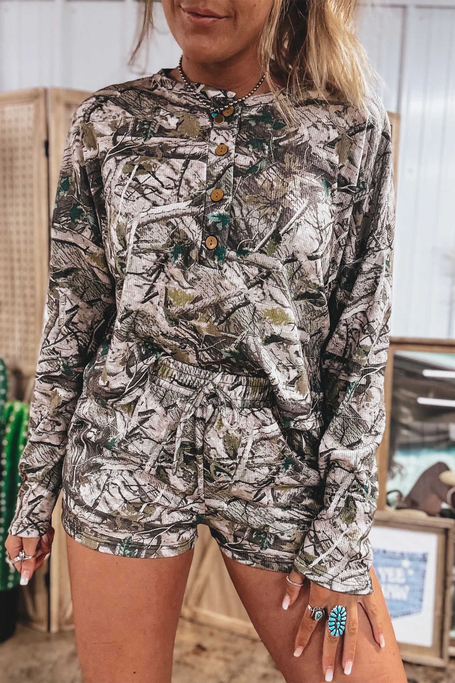 Brown Camouflage Two Piece Set Long Sleeve Top Elastic Waist Shorts Casual Pants Set