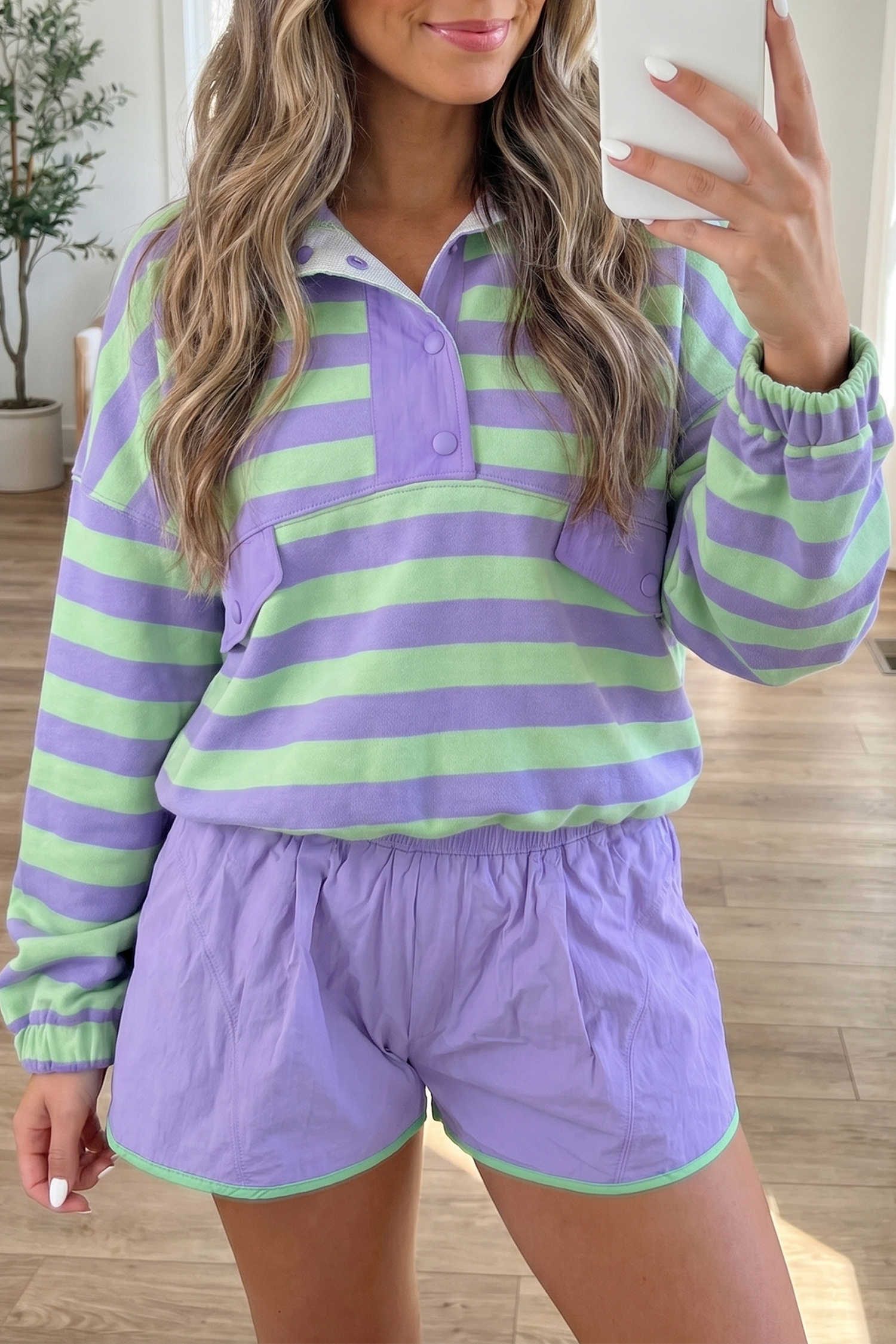 Purple Stripe Striped Patchwork Long Sleeve Two Piece Set