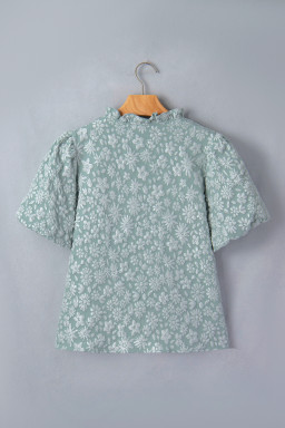 Iceland Blue Floral Textured Jacquard Puff Sleeve Blouse