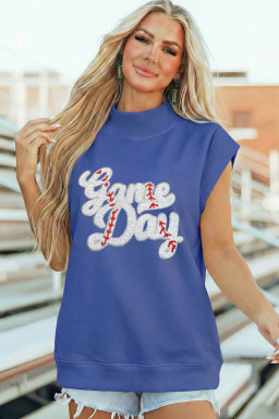 Sky Blue Sequin Game Day Slogan High Neck Short Sleeve Top