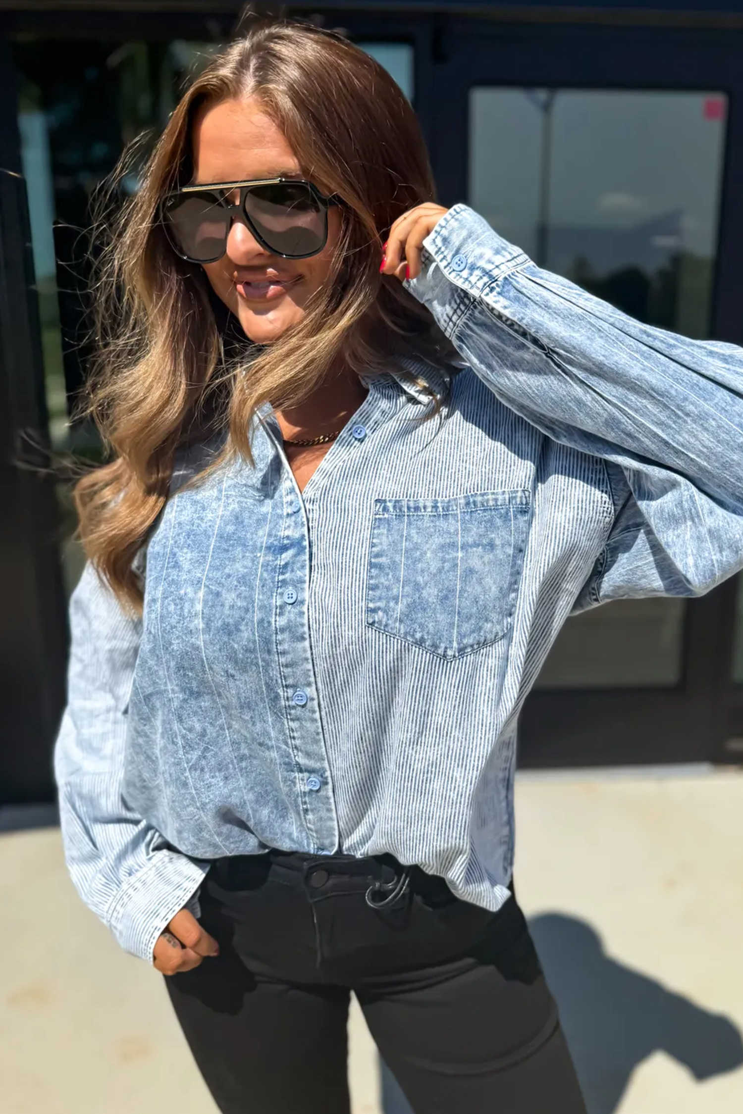 Sky Blue Stripe Denim Shirt Long Sleeve Pocket Casual Tunic Top