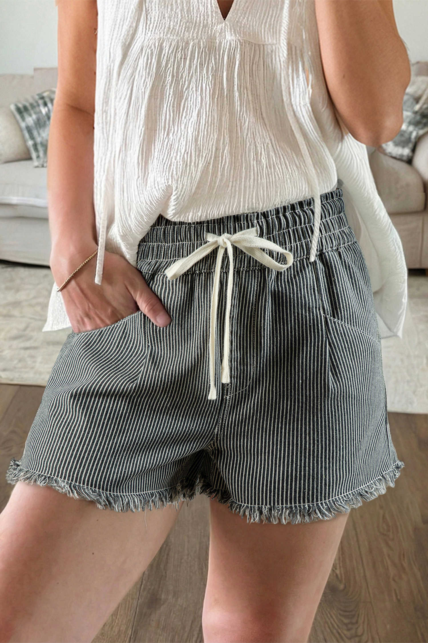 Black Stripe Denim Shorts