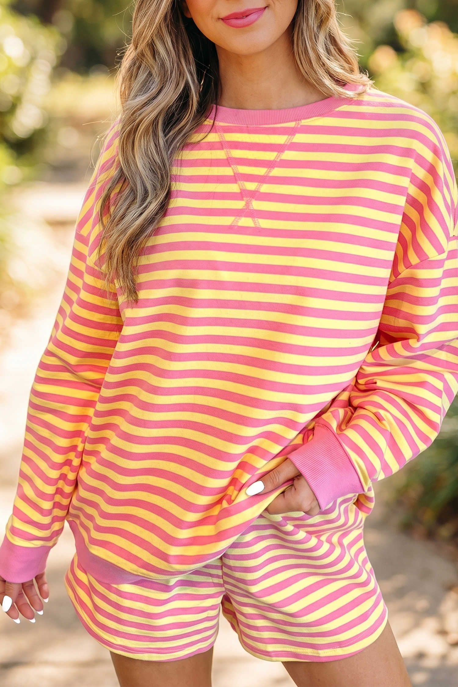 Yellow Stripe Striped Long Sleeve Round Neck Two Piece Casual Pants Set