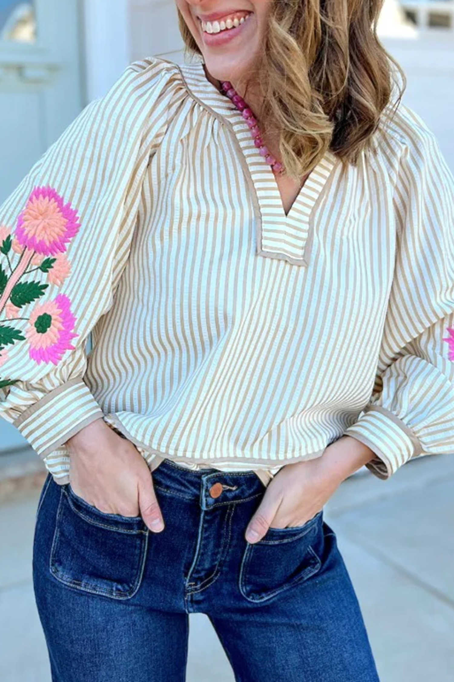 Khaki Stripe Striped V Neck Long Sleeve Embroidered Shift Pullover