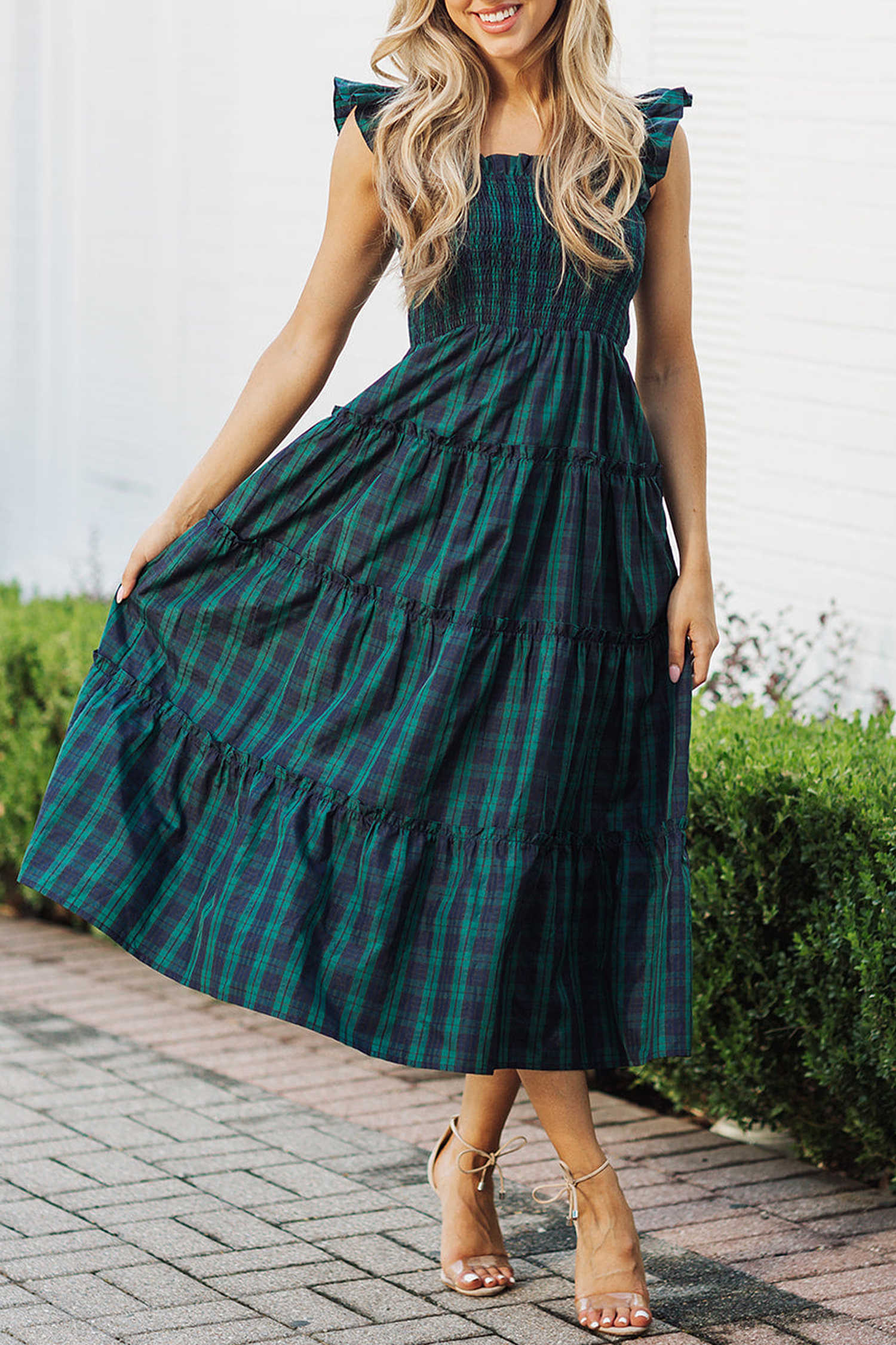 Green Sleeveless Square Neck Plaid Midi Dress with Ruffles and Shirred Bodice