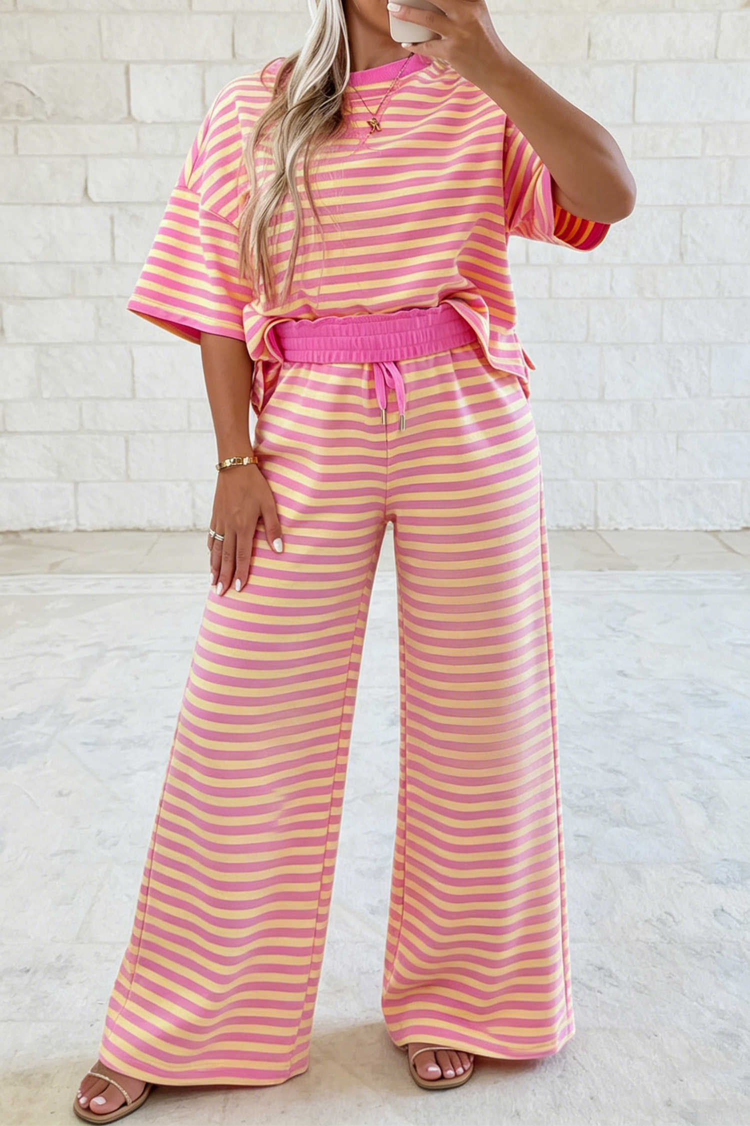Pink Stripe Striped Colorblock Short Sleeve Two Piece Set Casual Pantsuit