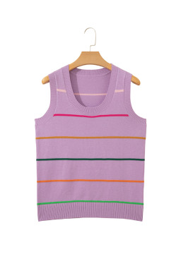 Purple Stripe Round Neck Knitted Sweater Tank
