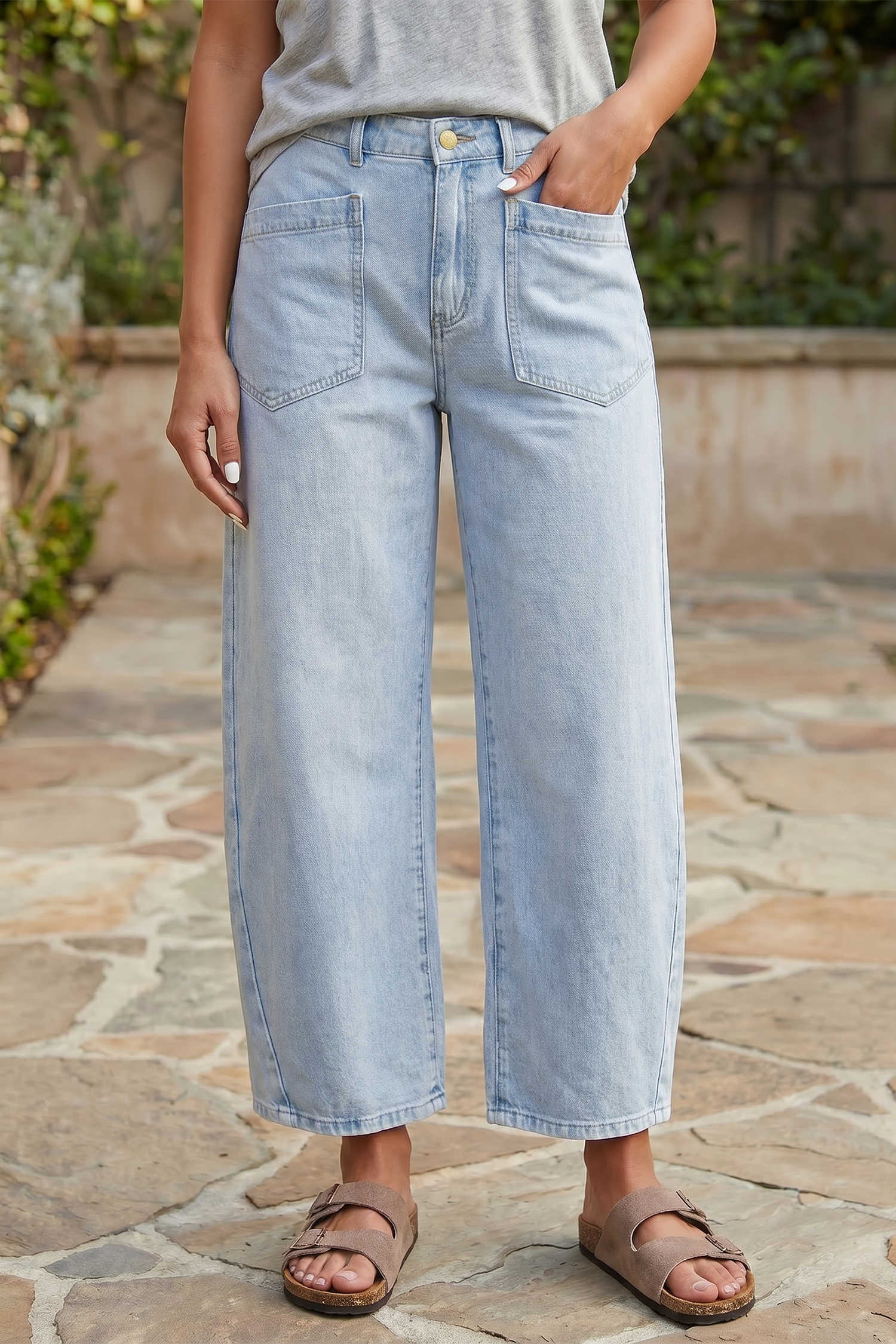 Beau Blue Solid Color Square Patch Pocket Ankle-length Barrel Jeans
