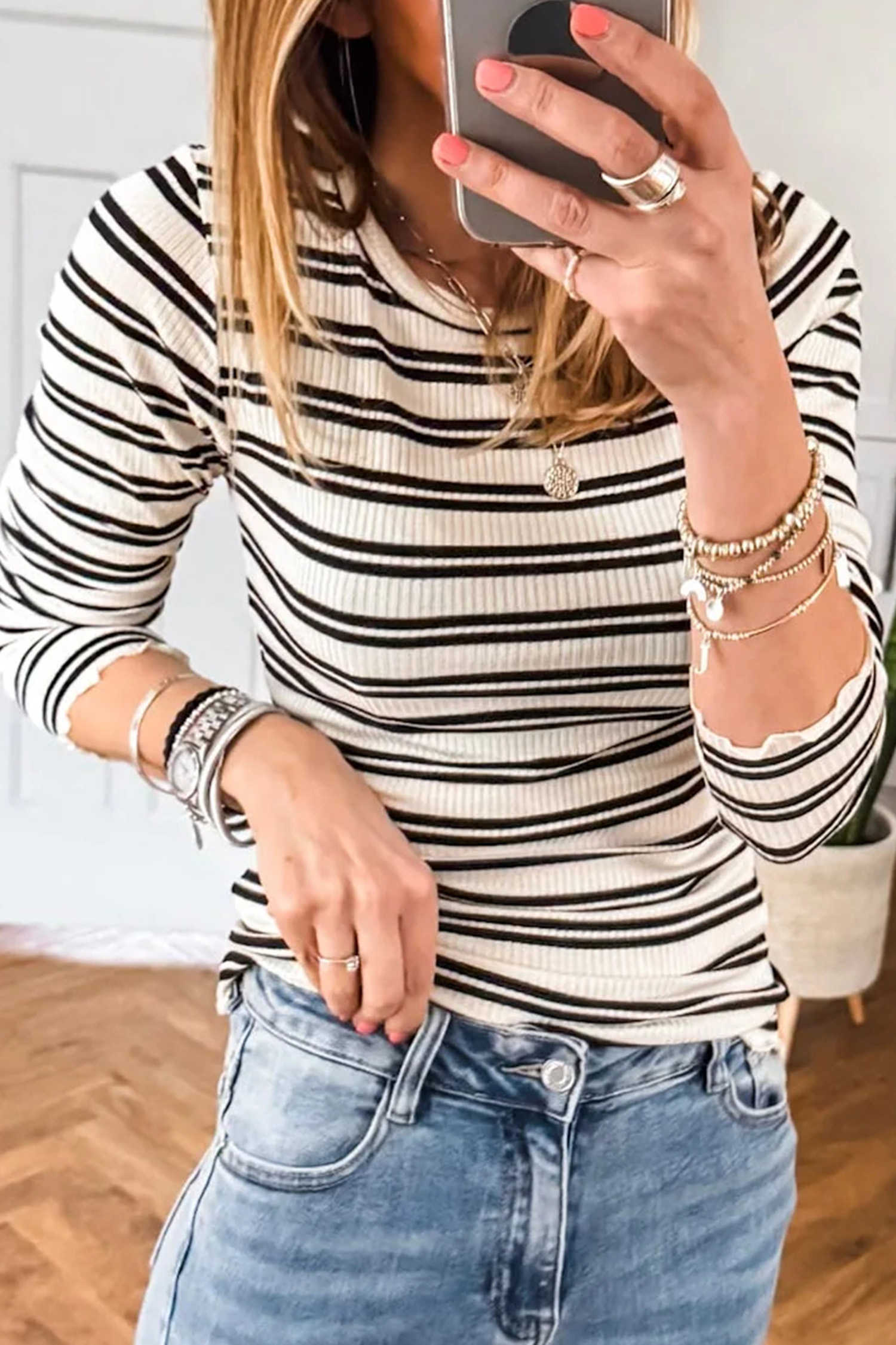 Beige Stripe Striped Long Sleeve Ribbed Top Casual Sheath Fit Wholesale Knitwear